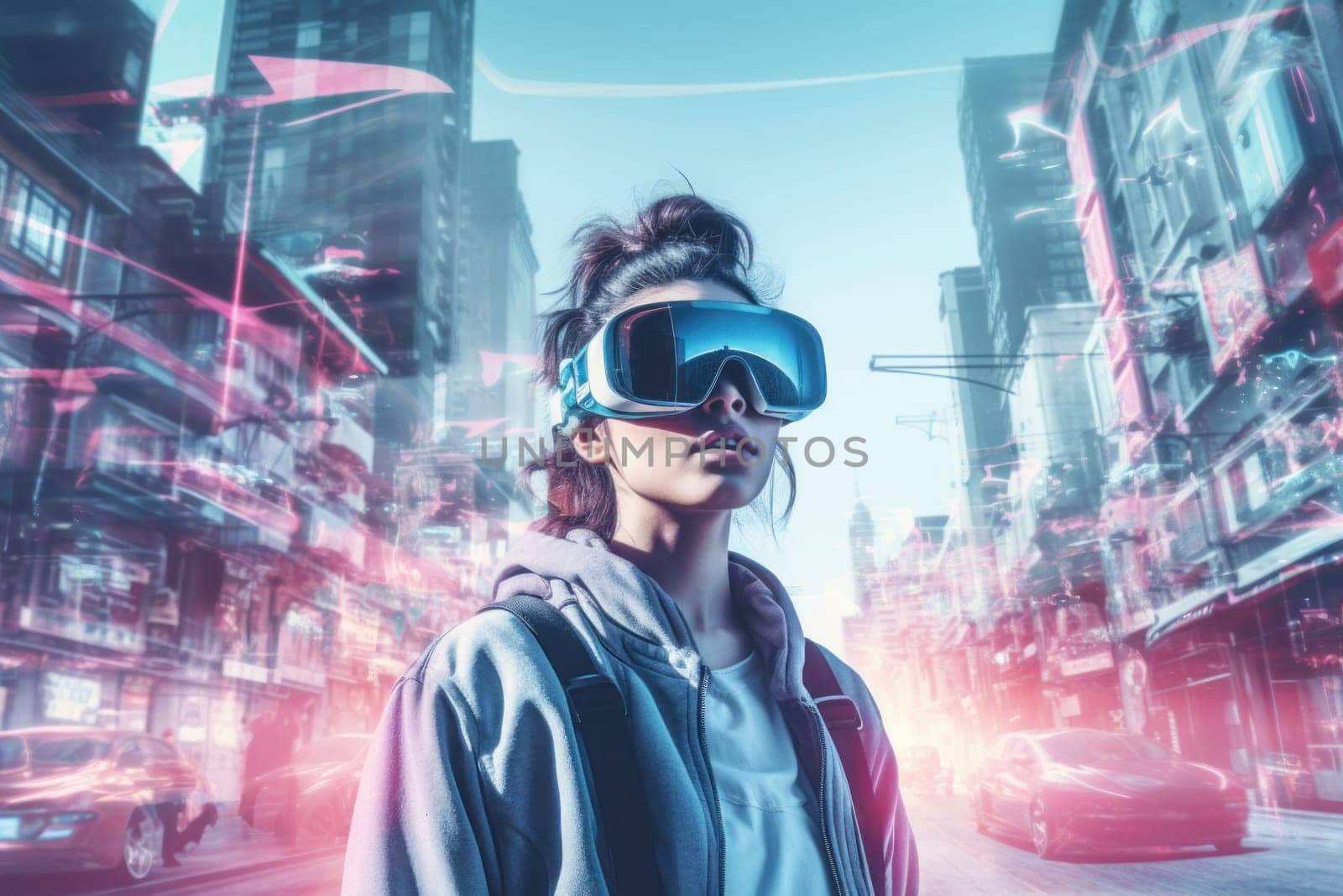 Double exposure photography of closeup VR gamer and the beautiful sci-fi city. Generative AI.