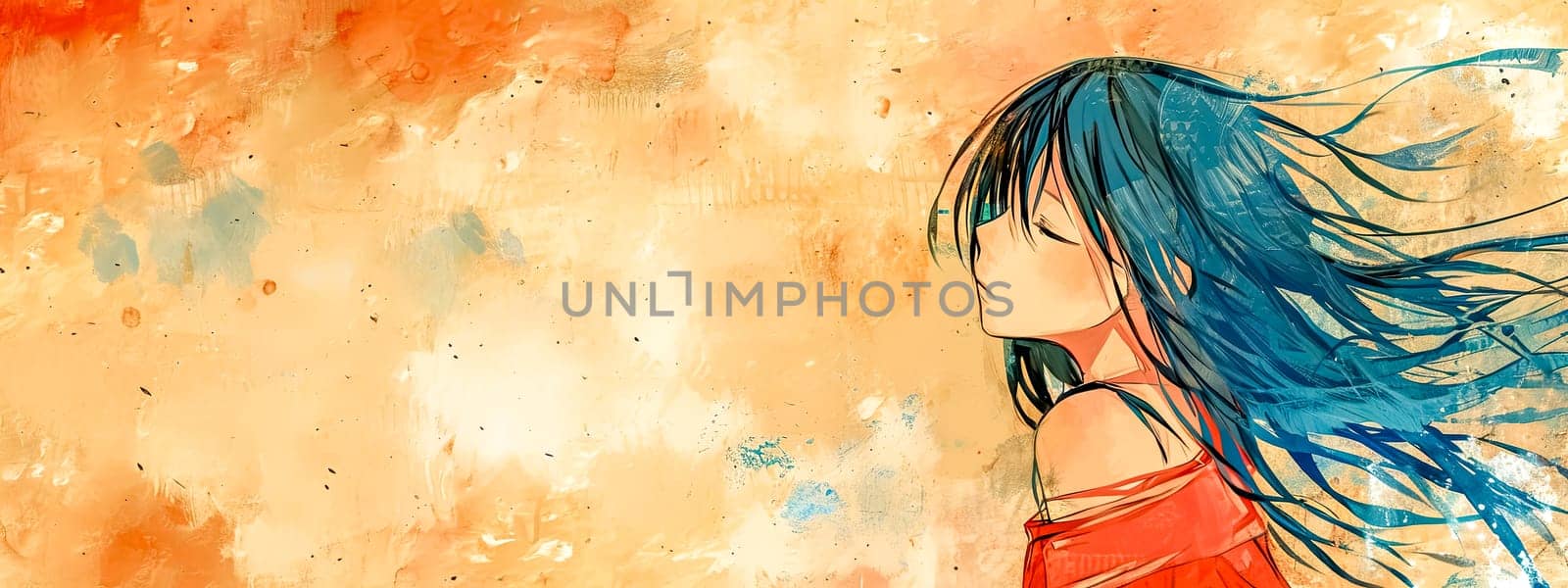 anime girl with flowing blue hair against an abstract orange textured background, invoking a sense of serenity and creativity. by Edophoto