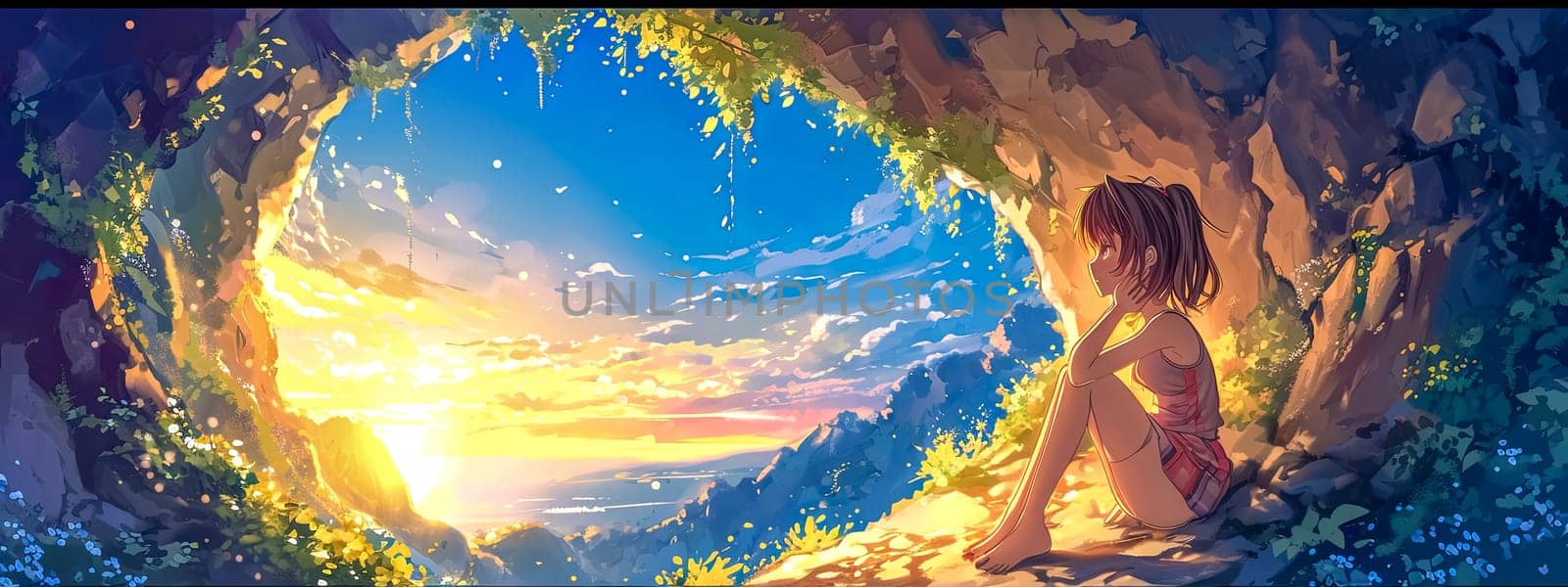 young girl sitting at the entrance of a cave, gazing out at a serene sunset that blankets the landscape and sea in a warm golden light, nature and drifting clouds enhancing the peaceful atmosphere