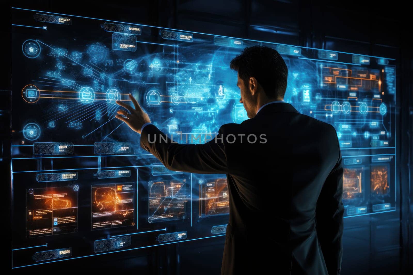 Business man touching on infographic hud panel on blue background. Generative AI.