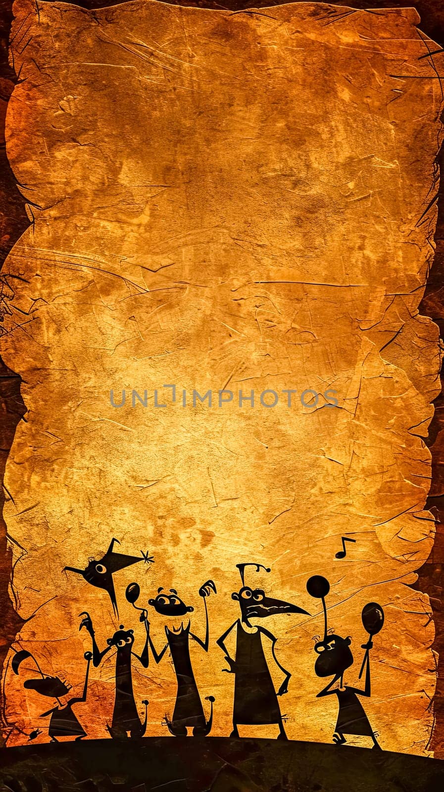 silhouetted cartoon figures on an aged parchment background, reminiscent of ancient cave drawings with a humorous twist. vertical, copy space