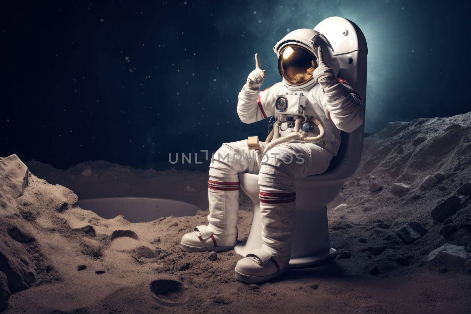 Astronaut sitting on toilet on the moon. Generative AI.