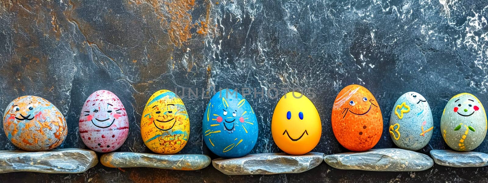 painted rocks with happy faces, each uniquely decorated and placed against a dark, marbled stone background, embodying the joy and creativity of Easter rock painting. by Edophoto