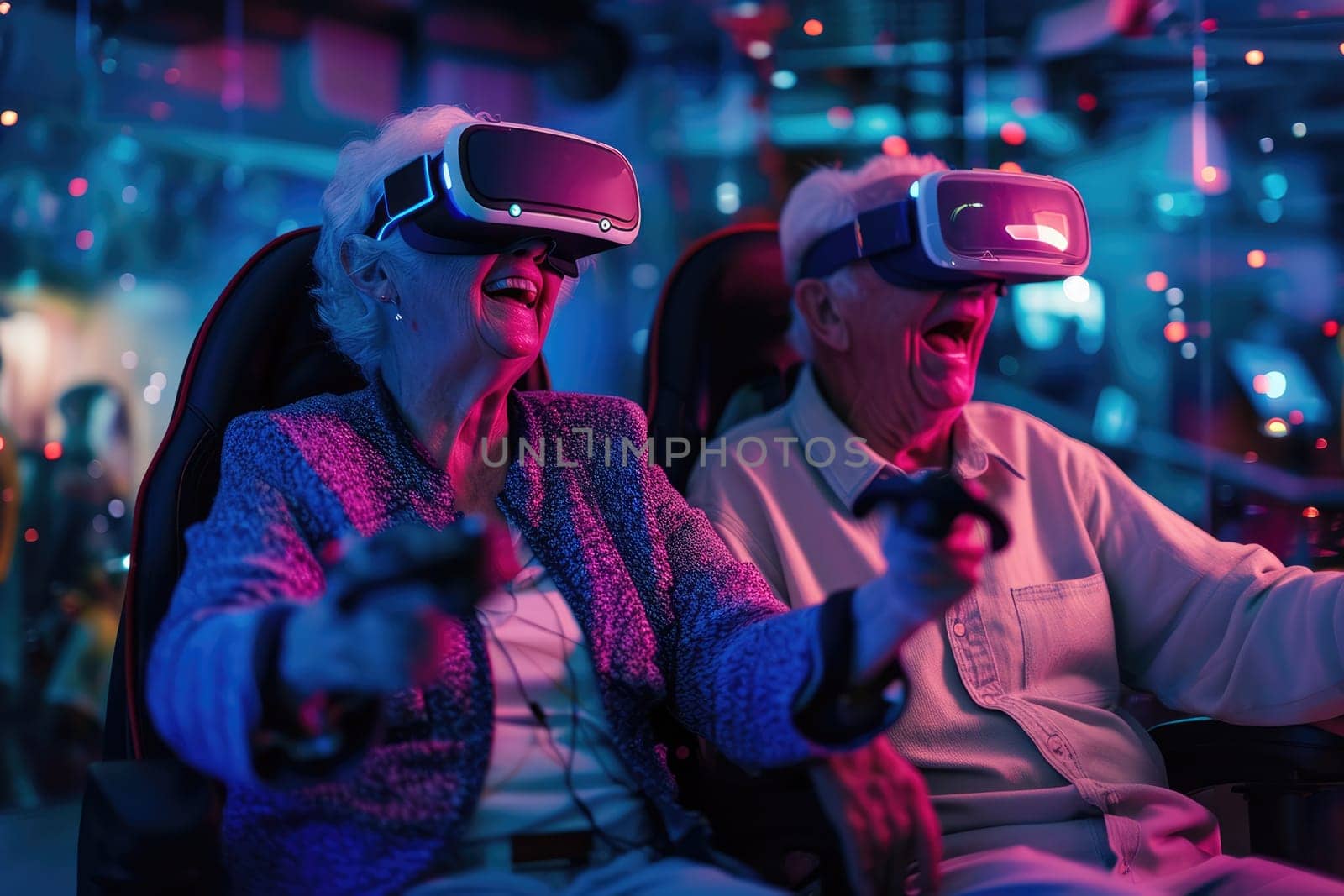 senior people playing fun vr game in lounge room pragma