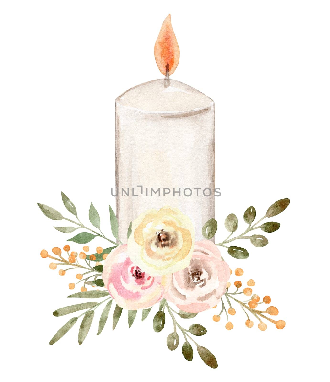 Watercolor burning candle with flowers illustration isolated on white background