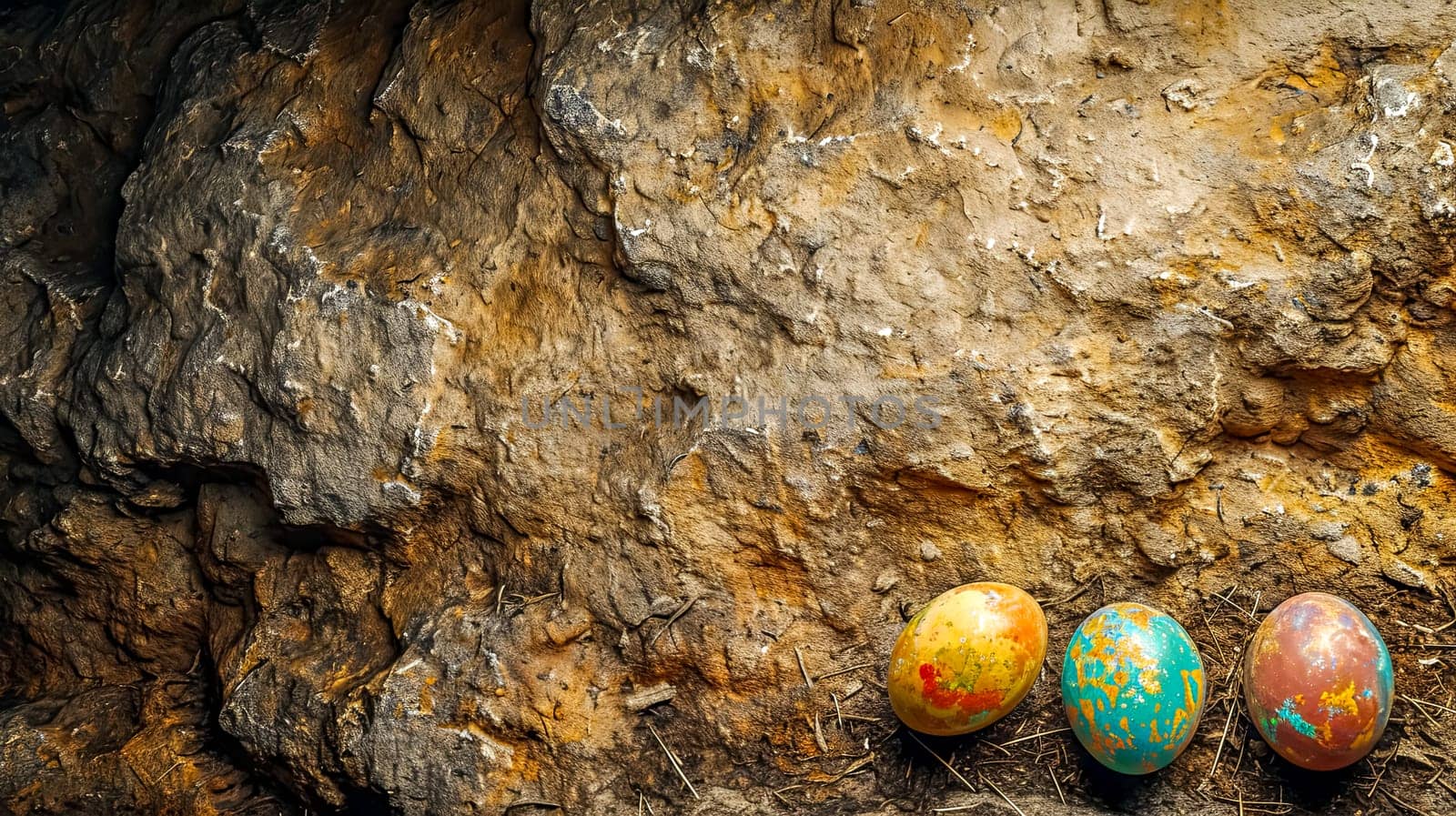 three colorful painted Easter eggs, creating a contrast between natural roughness and festive decoration. copy space