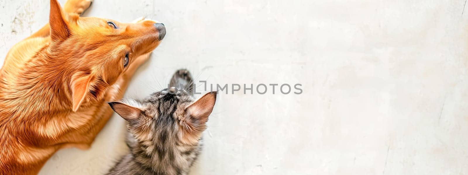 A heartwarming overhead view of a golden dog and a grey tabby cat lying together on a textured white surface, symbolizing friendship between different species, copy space