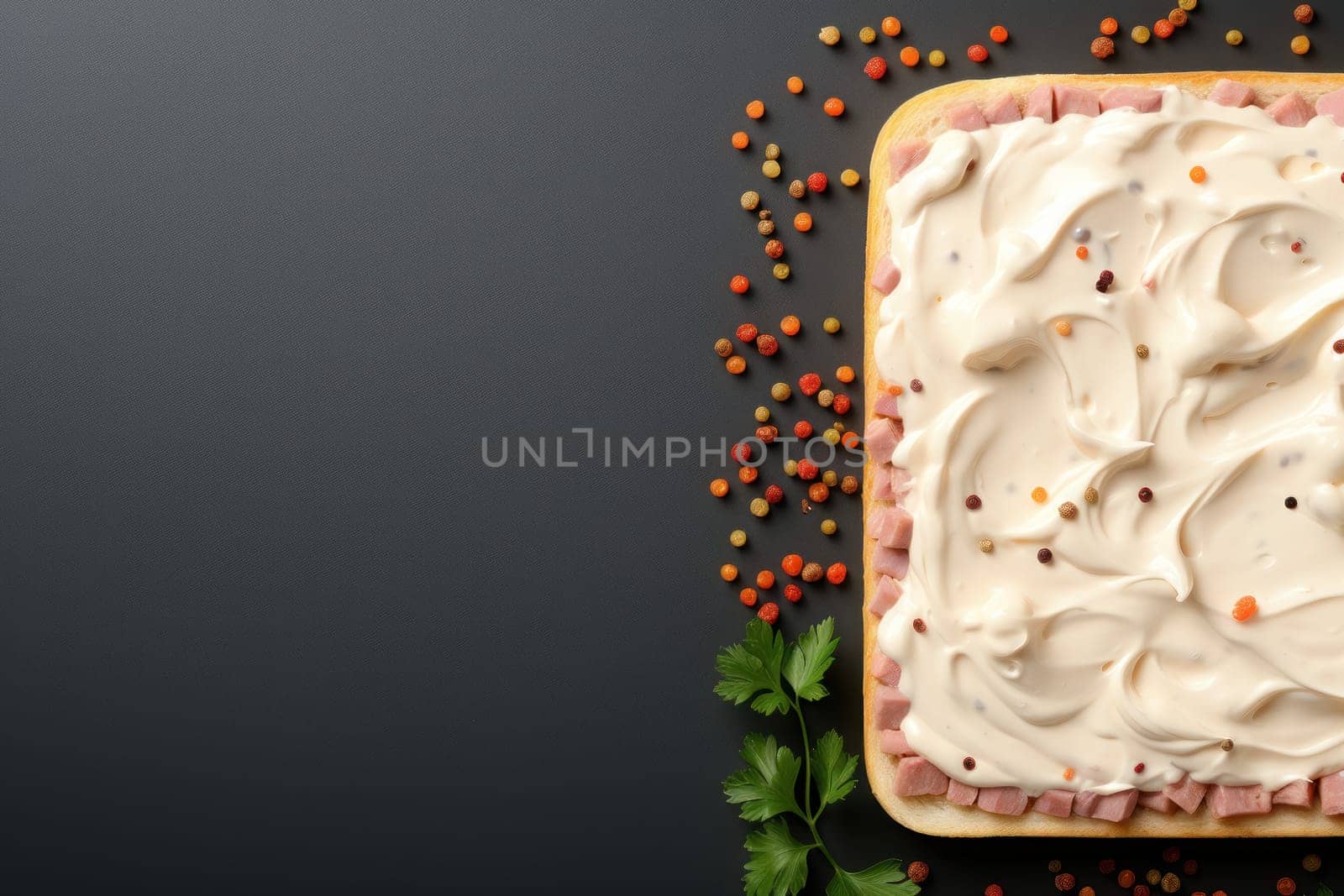 Copy space background bread slice and sausage mayonnaise topping. Generative AI.