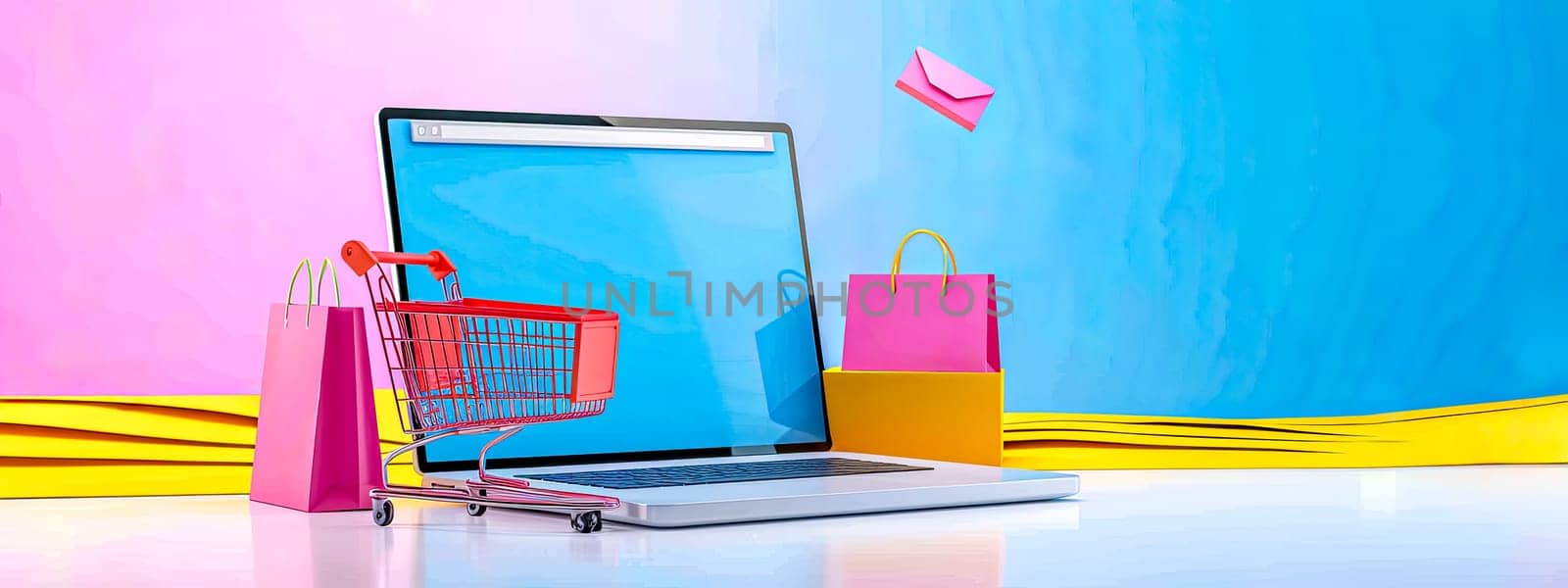 online shopping concept with a shopping cart on a laptop keyboard, indicating e-commerce, flanked by colorful shopping bags against a pastel backdrop.