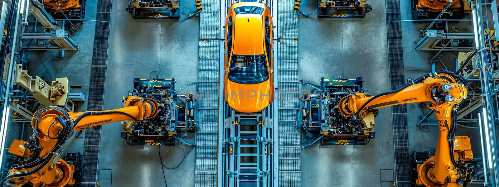 An aerial shot of a vibrant orange car on an assembly line, surrounded by precision robots in an automotive manufacturing plant, showcasing modern industrial automation.