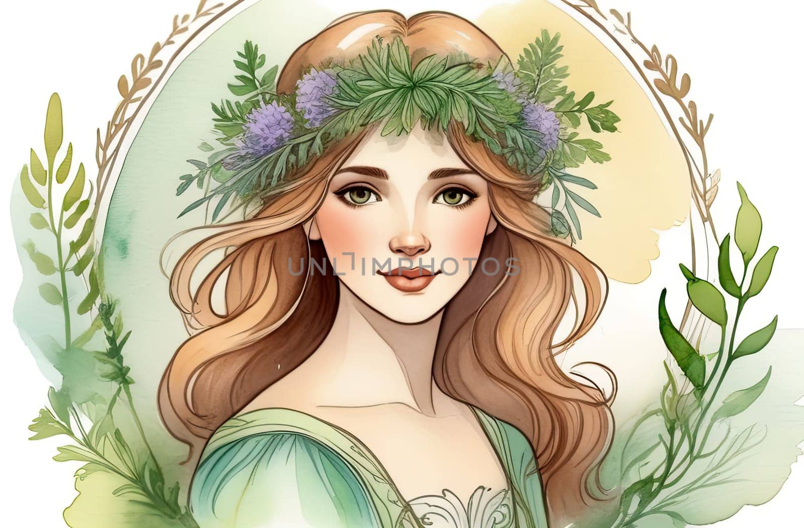 Portrait of a fantasy girl in pastel watercolor colors. Summer, spring fairy-tale portrait. Long curly hair