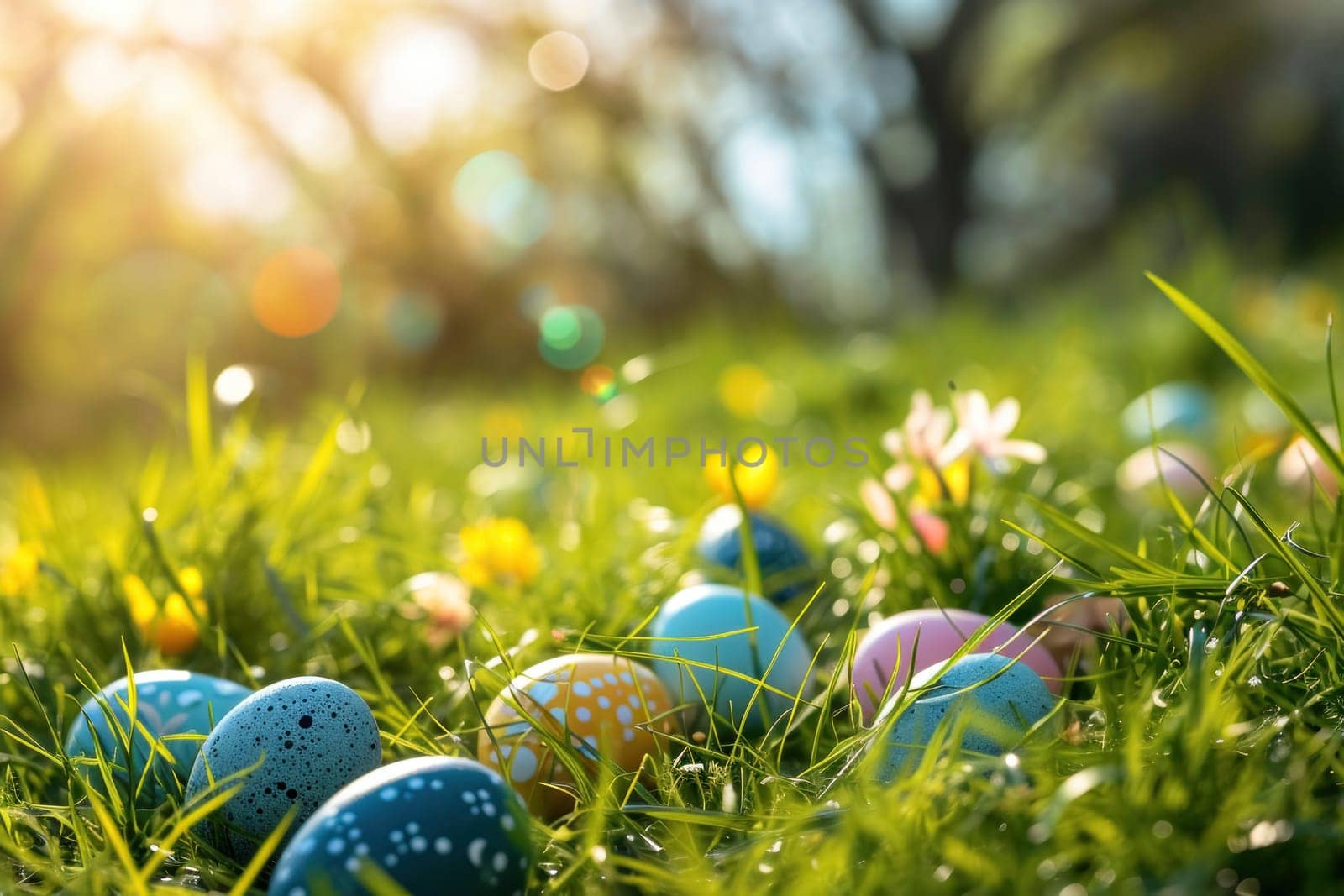 Painted Easter eggs hidden amongst vibrant green spring grass