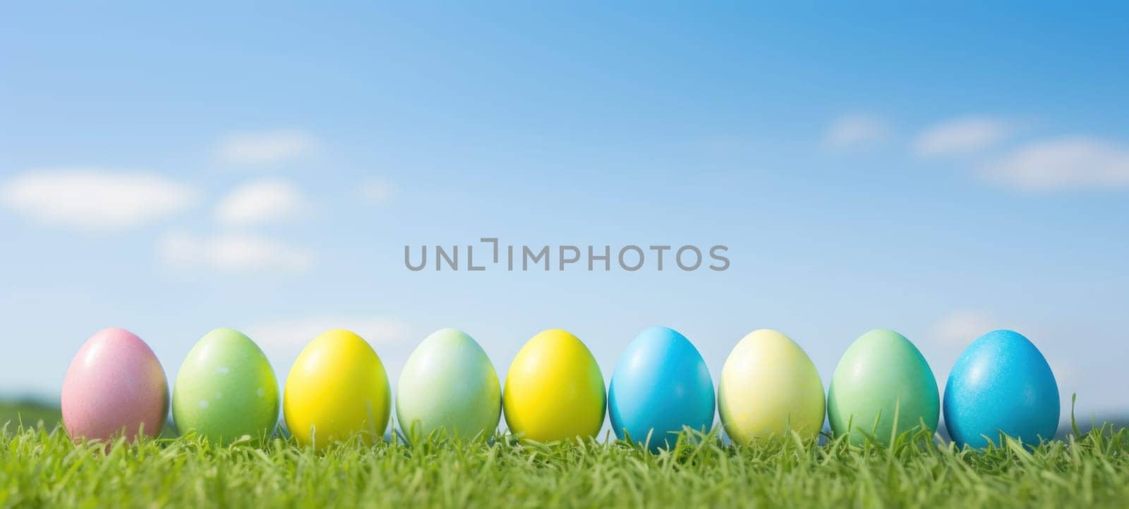 A vibrant display of colorful Easter eggs lined up in a row on lush green grass under a clear blue sky, celebrating the joy of Easter.