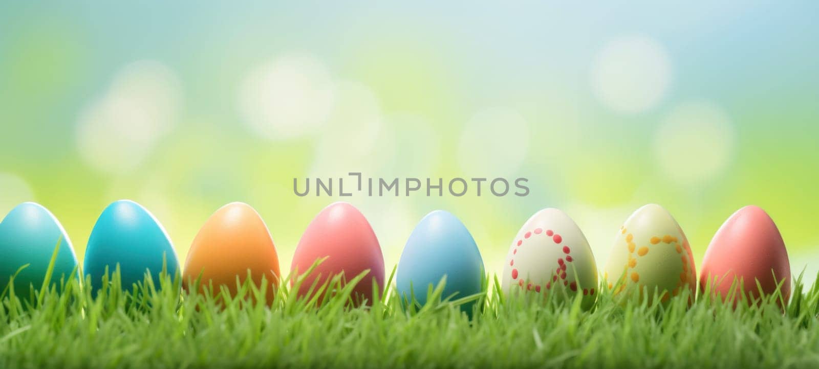 A vibrant array of colorful Easter eggs decorated with various patterns, lined up on a bed of fresh spring grass against a sunny backdrop.