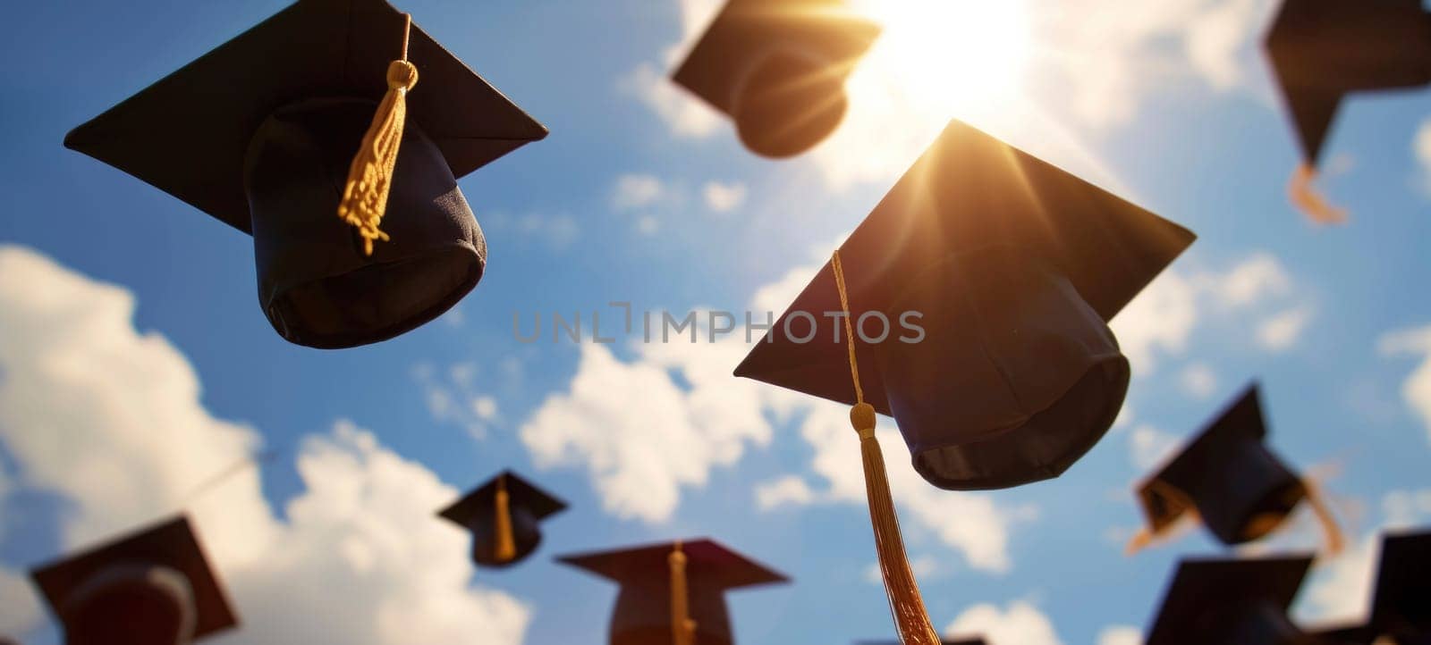 Silhouetted graduation caps thrown aloft against a sunny blue sky with sun rays and clouds