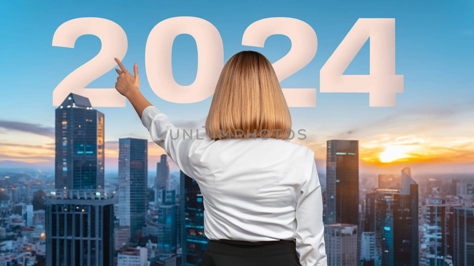 business woman with the new year 2024 for her eyes. Businesswoman point 2024 white color letter over futuristic city in sunset background, Business happy new year 2024 cover concept. High quality image