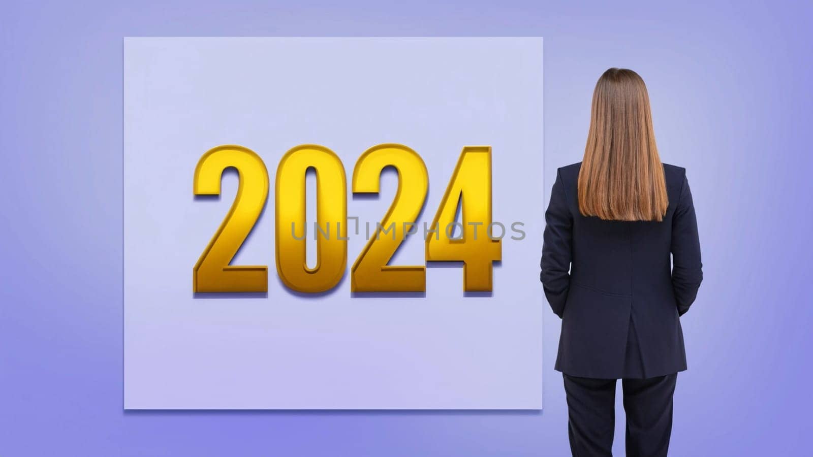 business woman with the new year 2024 at her side. Businesswoman staying near 2024 gold color letter over blue background, Business happy new year 2024 cover concept. by Costin