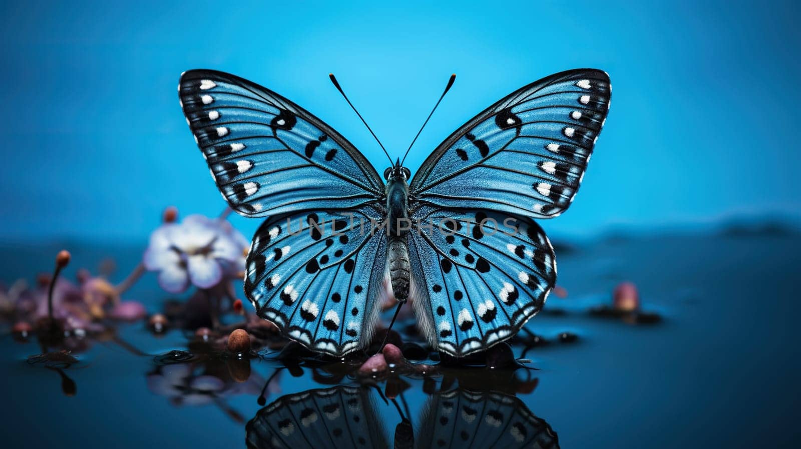 Beautiful blue butterfly on blue water on a blue bokeh background. Generated by artificial intelligence by Vovmar