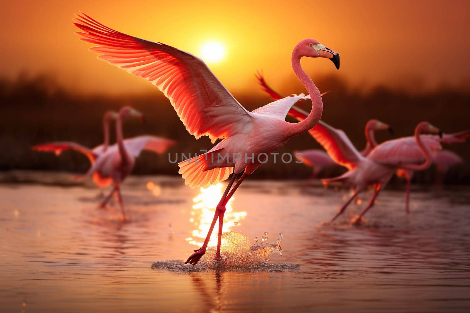 A flock of pink flamingos flies over the water. Generated by artificial intelligence by Vovmar