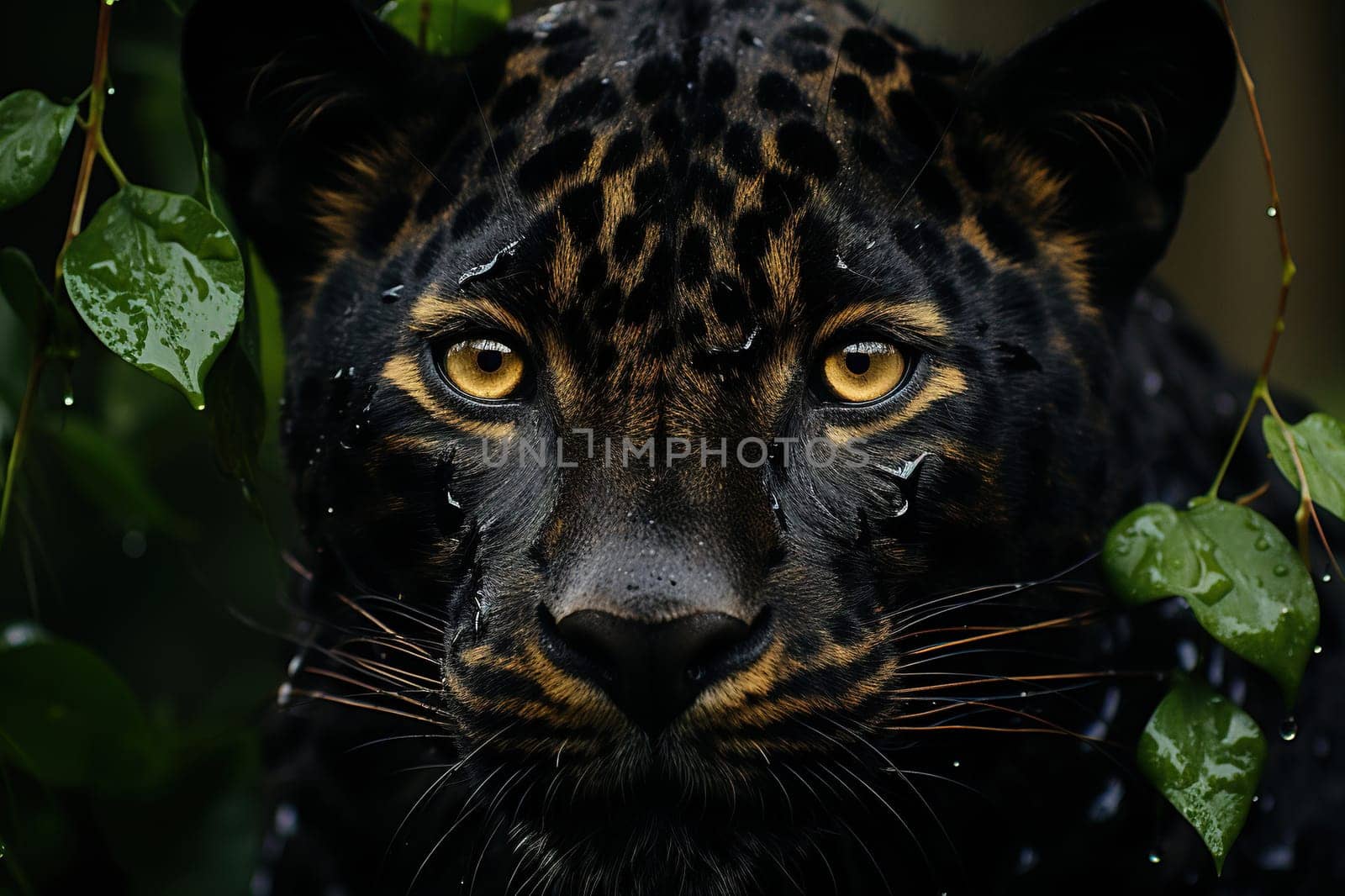 Portrait of a black panther, leopard with yellow eyes in the jungle.