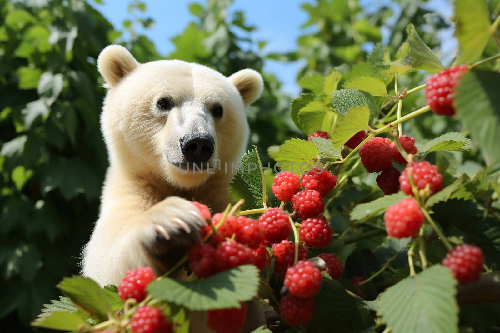 A polar bear picks raspberries from a bush in the forest.