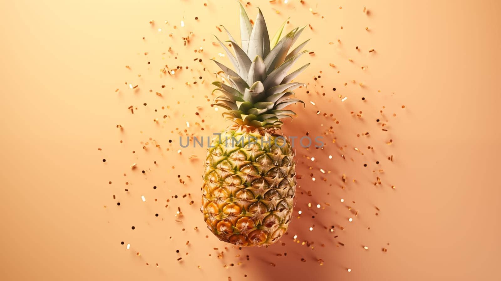 Pineapple is lying on a peach-colored background, golden confetti is scattered nearby by Zakharova