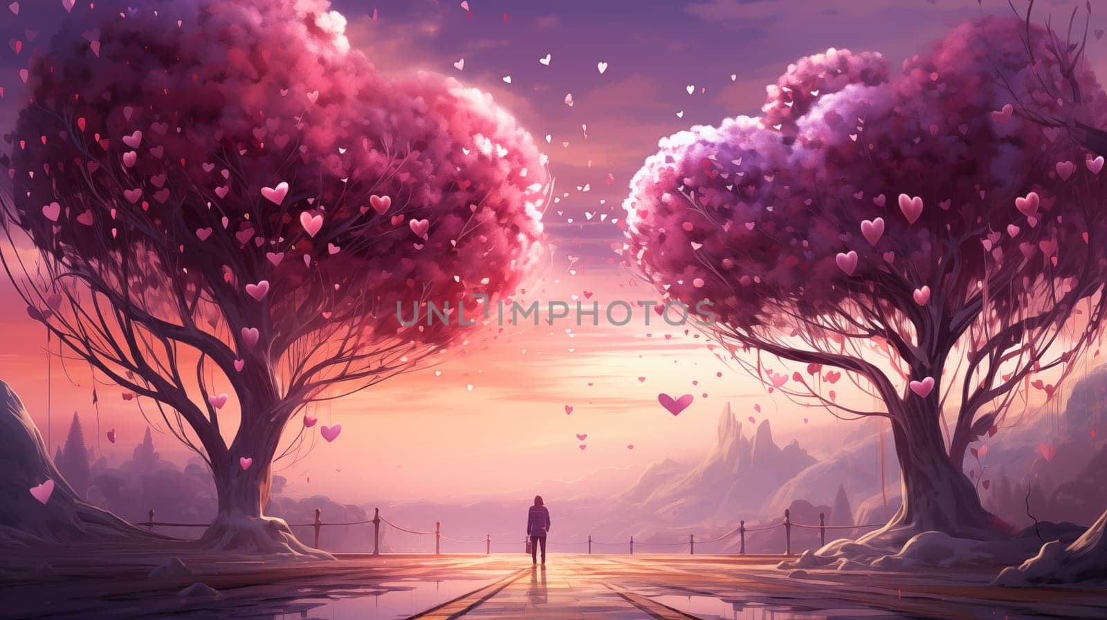 Solitary figure admiring heart-shaped foliage on twin trees against a pastel sunset. by Zakharova