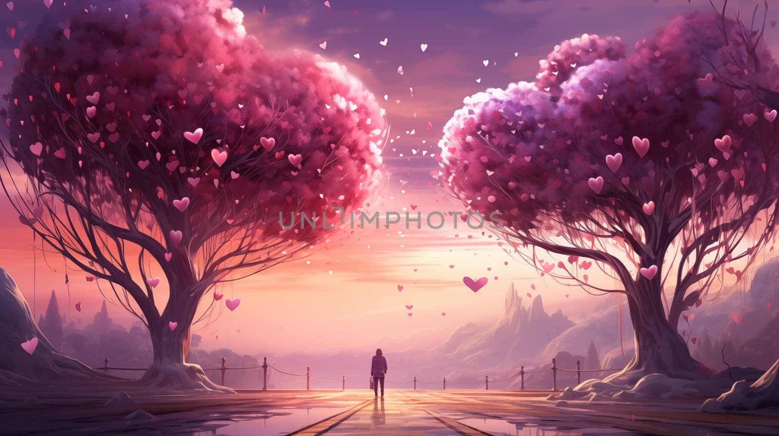 Solitary figure admiring heart-shaped foliage on twin trees against a pastel sunset.