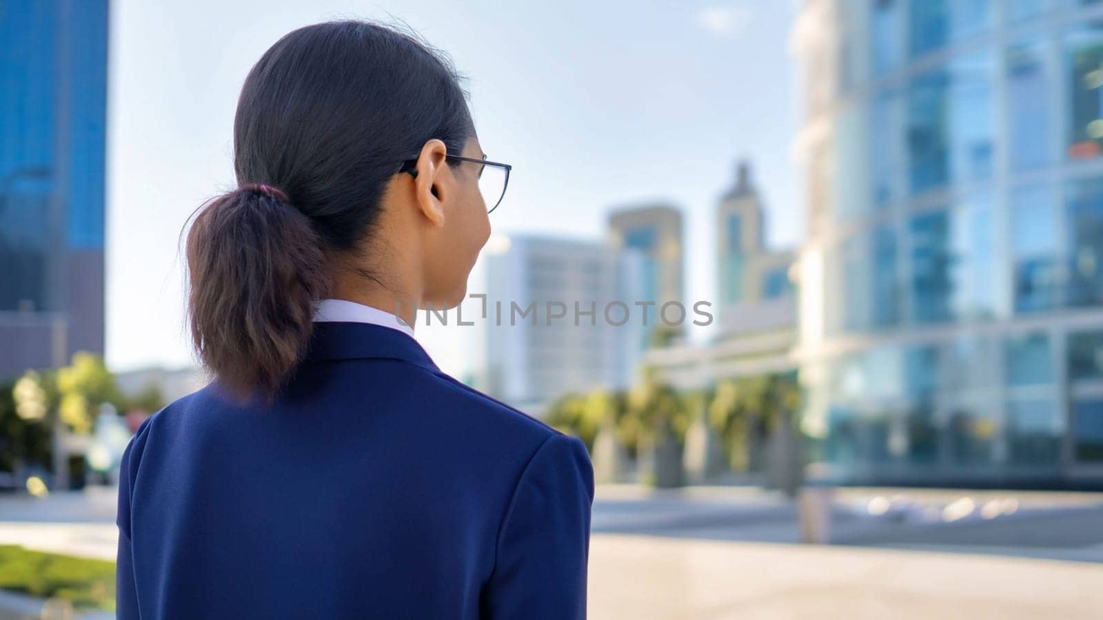 business woman with the blured city for her eyes. Businesswoman looking at futuristic blured city, Business happy new year 2024 cover concept. by Costin