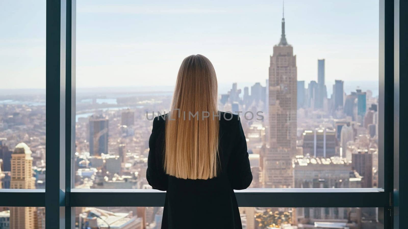 business woman with the blured city for her eyes. Businesswoman staying at window and looking at futuristc blured city, Business happy new year 2024 cover concept. by Costin