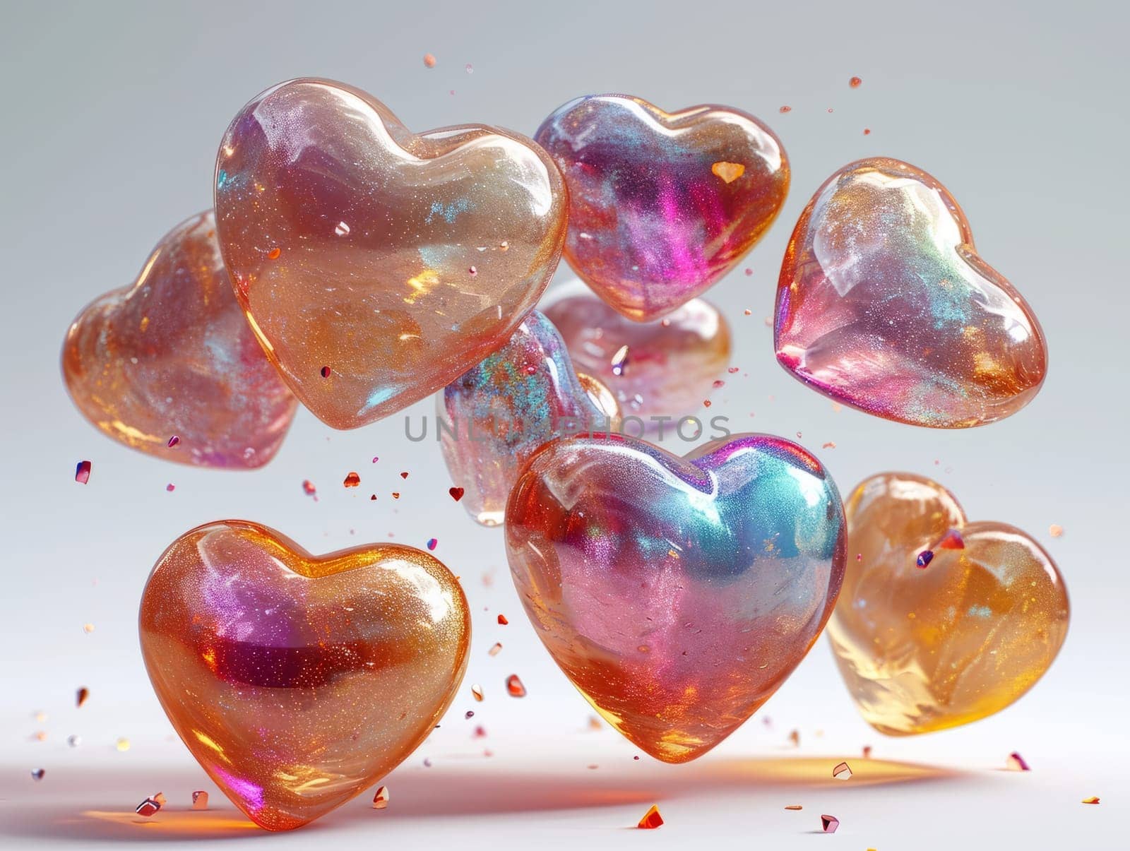 3D Realistic Shiny Shimmering Hearts Background. Valentine's Day Hearts Wallpaper. Glossy Hearts Backdrop with Space for Text. Ai generated