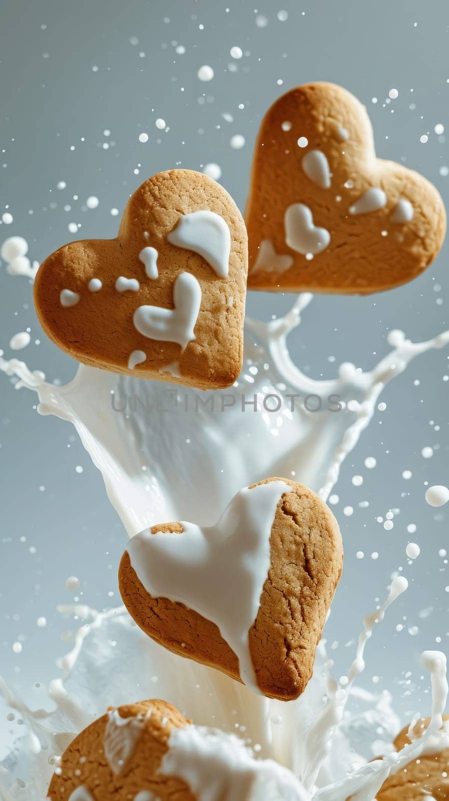 Food composition with heart shape cookies and floating milk. Sweet food background. Ai by iliris