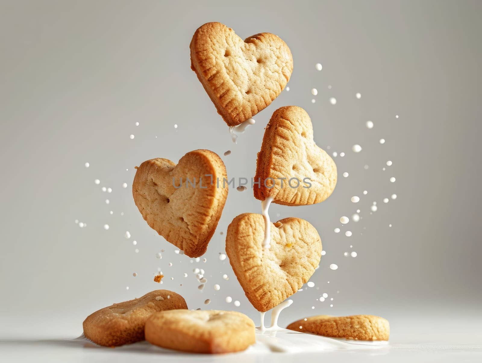 Food composition with heart shape cookies and floating milk. Sweet food background. Ai by iliris