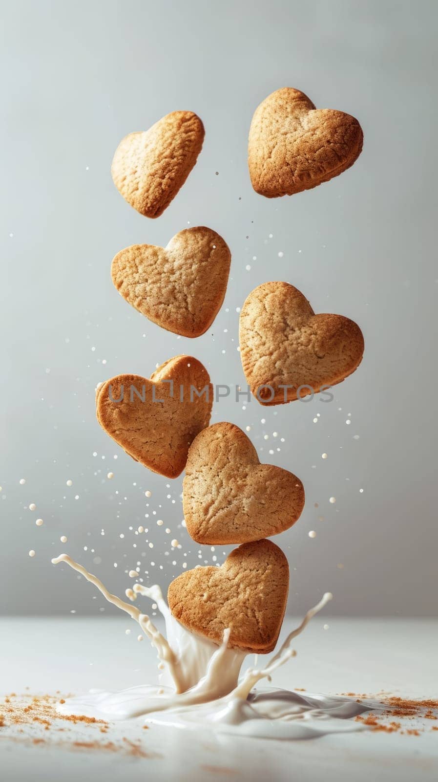 Food composition with heart shape cookies and floating milk. Sweet food background. Ai by iliris