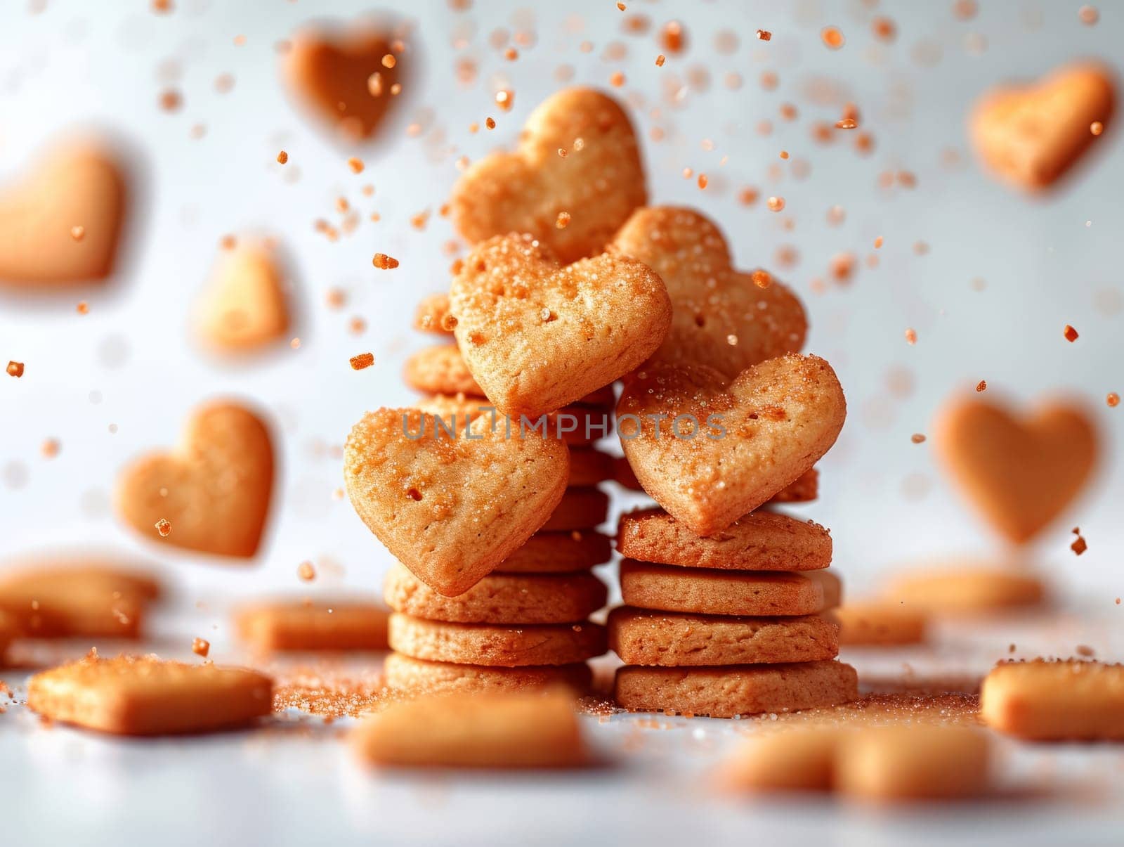 Food composition with heart shape cookies and floating milk. Sweet food background. Ai generated