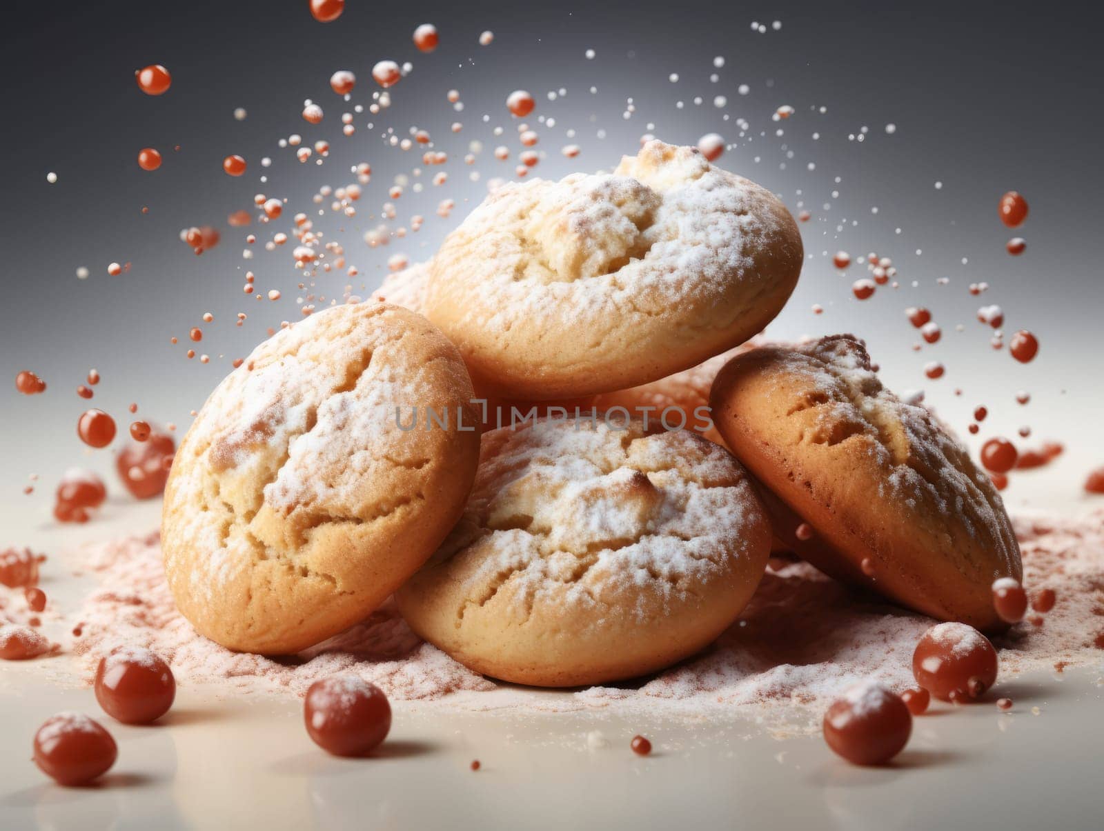 Food composition with heart shape cookies and floating milk. Sweet food background. Ai by iliris