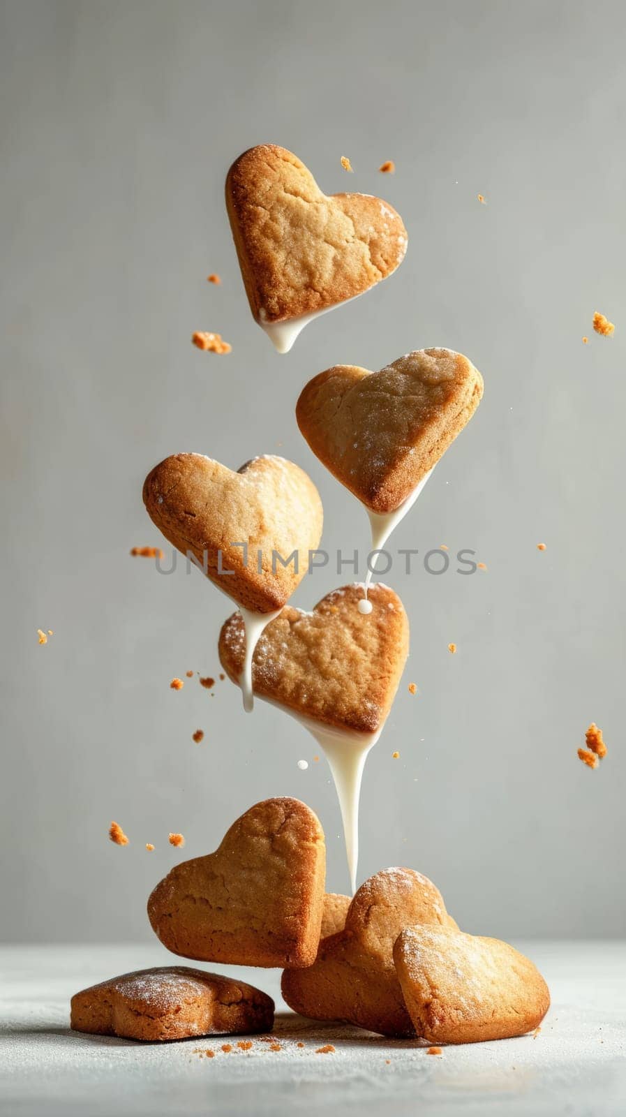 Food composition with heart shape cookies and floating milk. Sweet food background. Ai generated