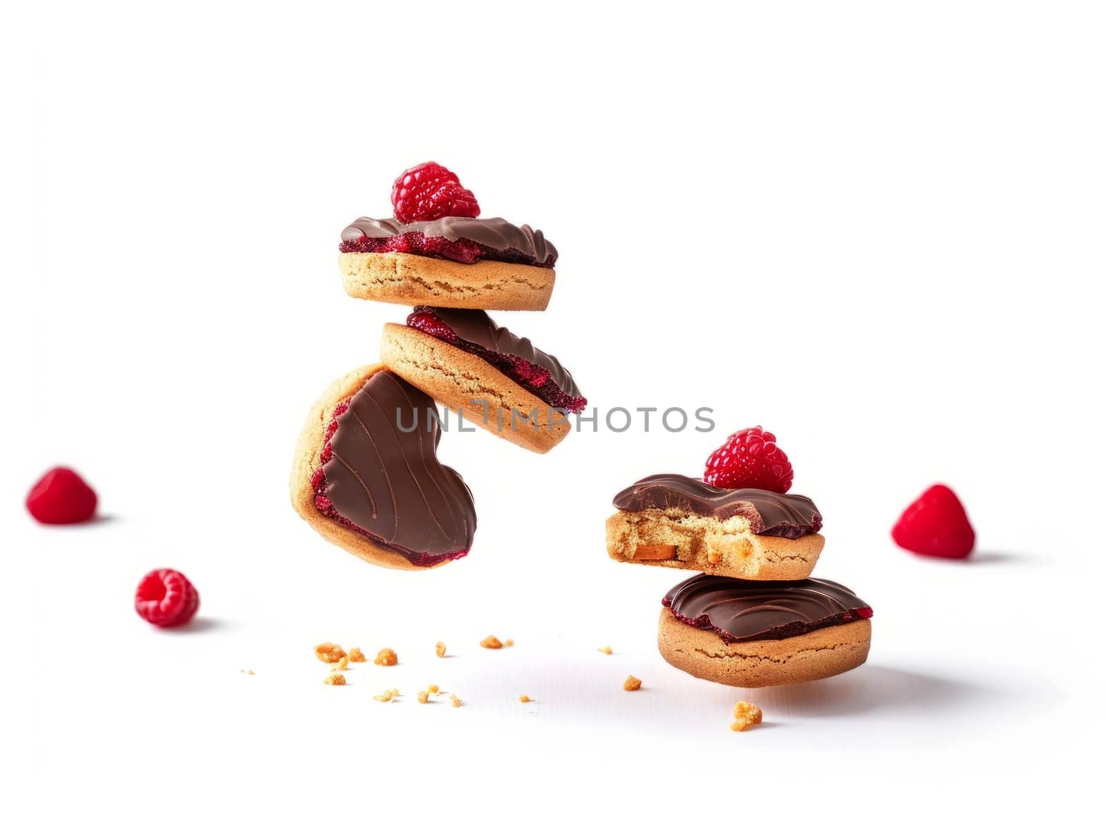 Tasty Yummy Homemade Sweet Cookies. Chocolate and Raspberry Heart Shape Pastry Dessert. Food Photo Background. Valentine's Day Composition. Ai generated