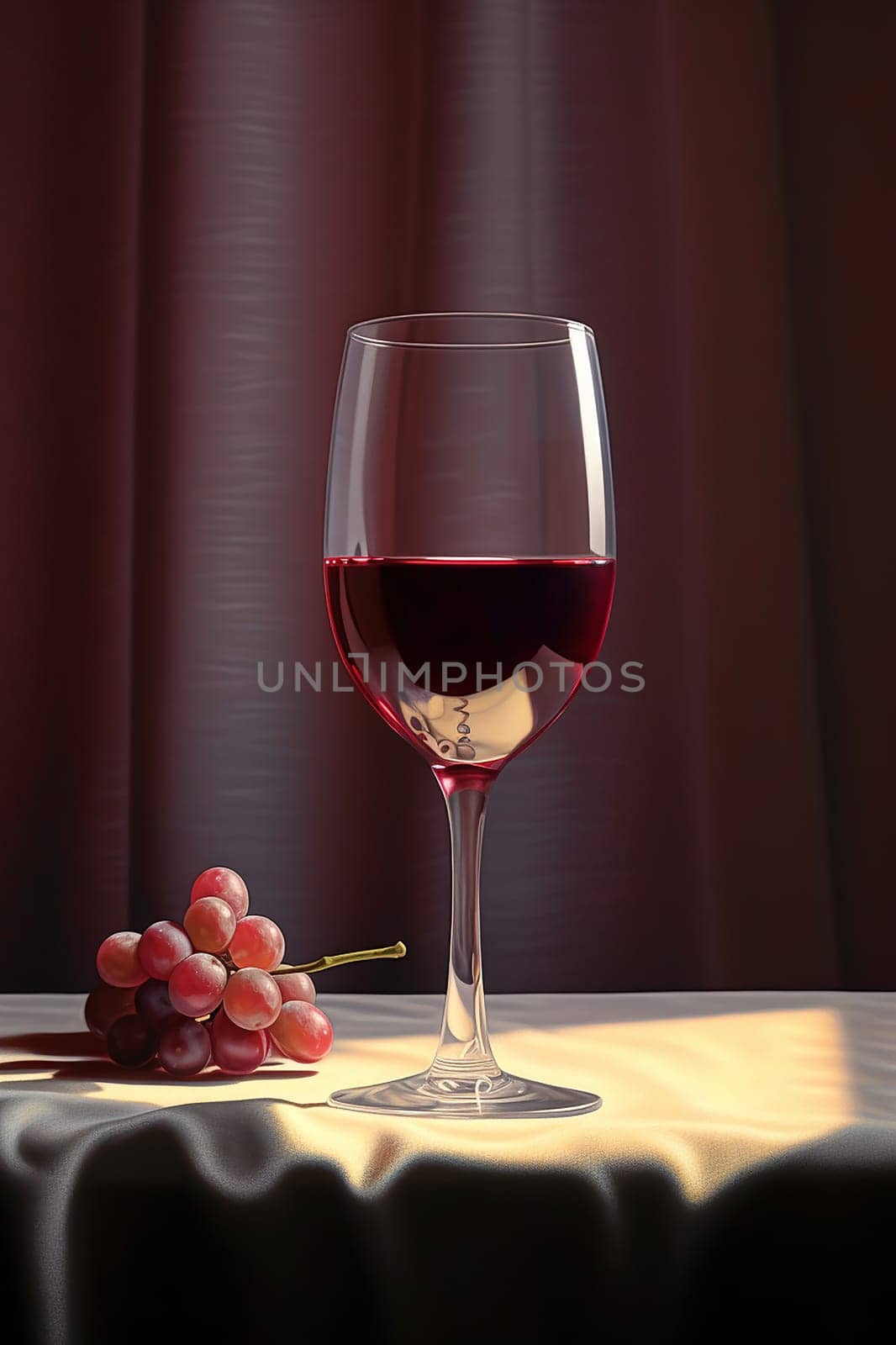 A glass of red wine beside a cluster of grapes on a table