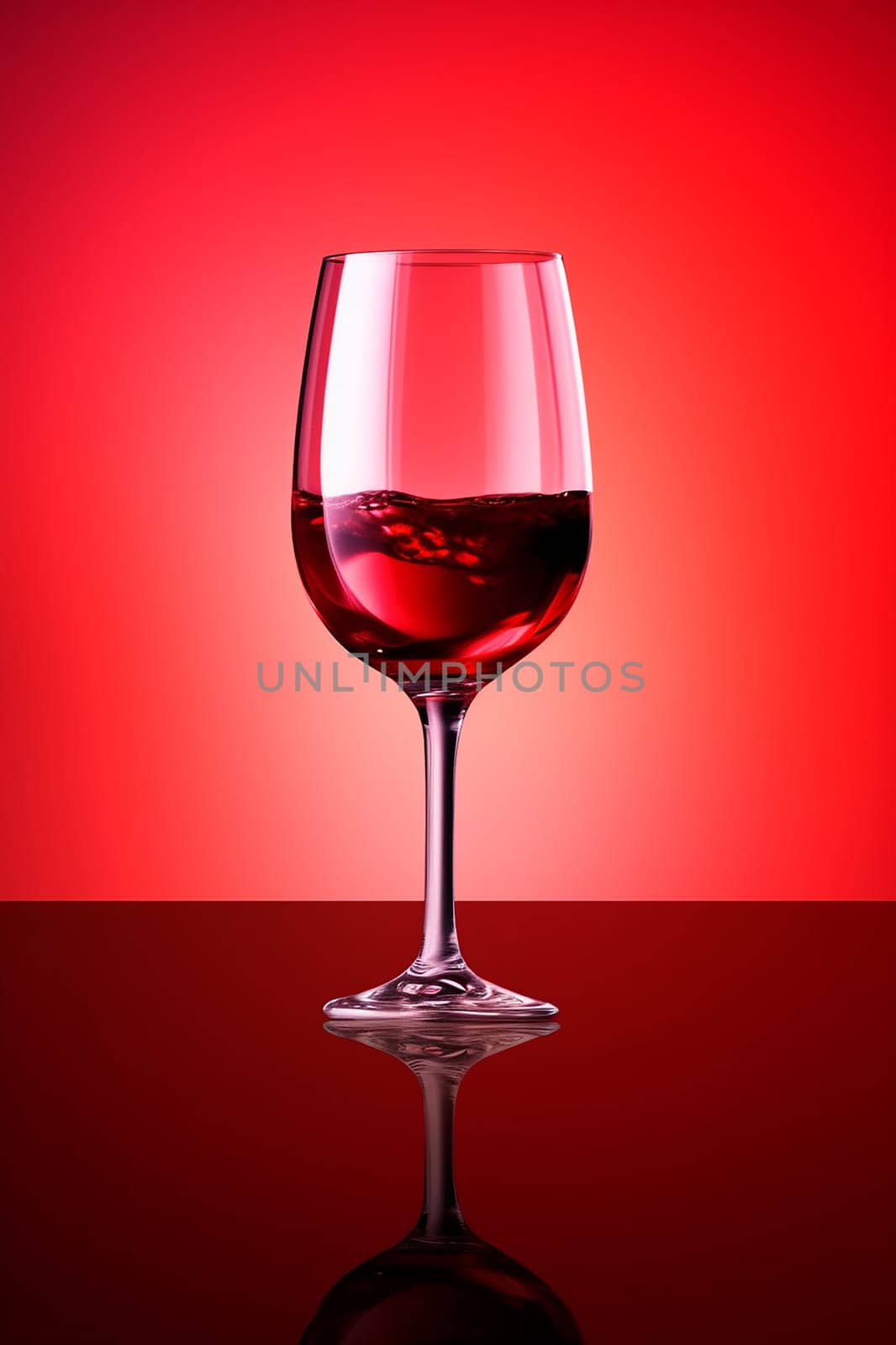 A glass of red wine against a red background.