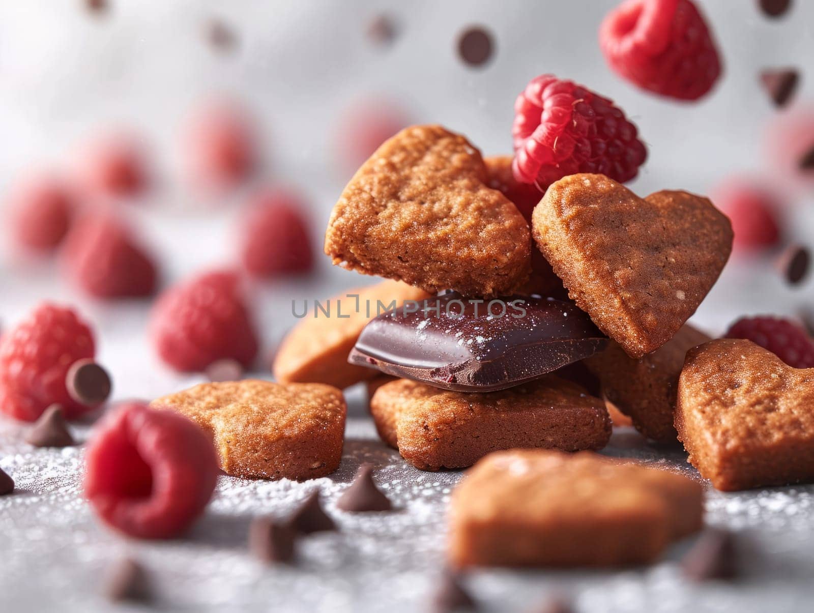 Tasty Yummy Homemade Sweet Cookies. Chocolate and Raspberry Heart Shape Pastry Dessert. Food Photo Background. Valentine's Day Composition. Ai generated