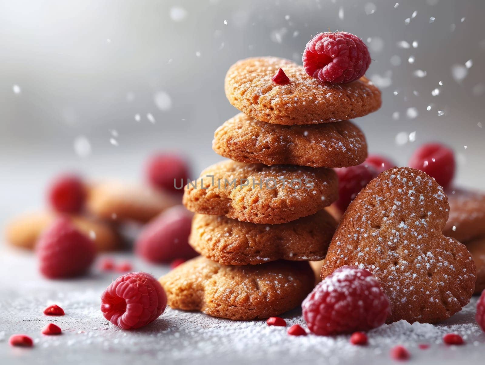 Tasty Yummy Homemade Sweet Cookies. Chocolate and Raspberry Heart Shape Pastry Dessert. Food Photo Background. Valentine's Day Composition. by iliris