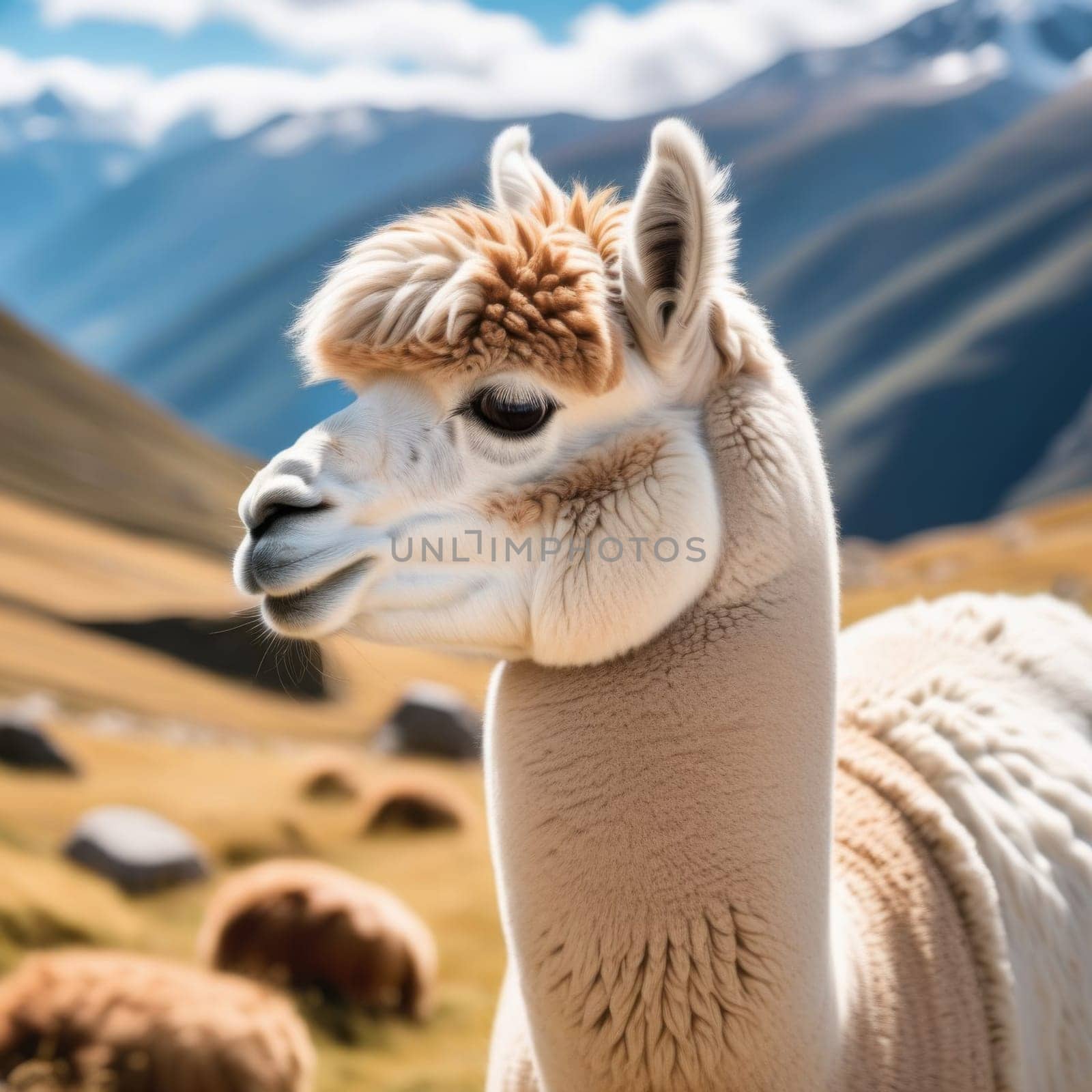 Portrait of alpaca llama in the mountains against the blue sky by Godi
