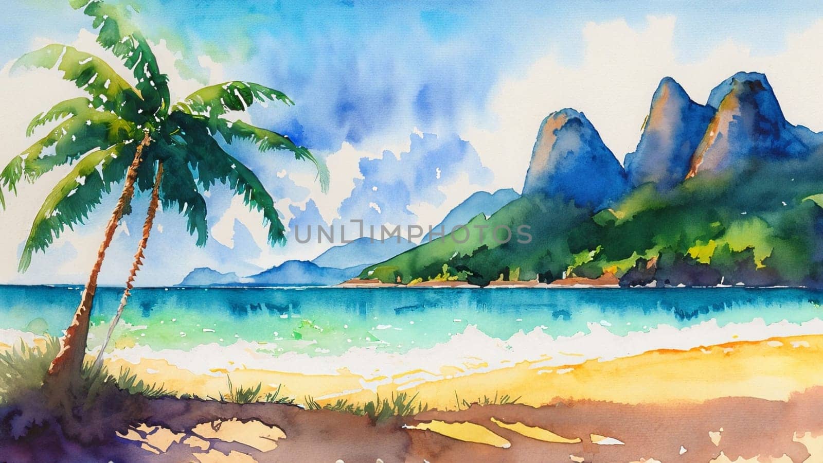 Watercolor landscape with sea and mountains. Palm and tropical beach. Vacation holidays travel concept background wallpaper. Beach and sea. Summer holiday and vacation concept. High quality image