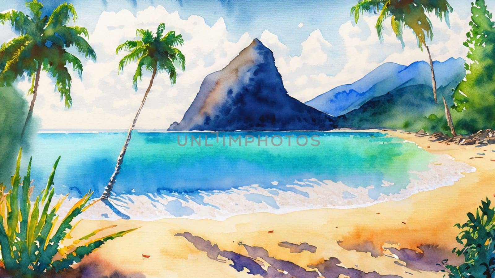 Watercolor landscape with sea and mountains. Palm and tropical beach. Vacation holidays travel concept background wallpaper. Beach and sea. Summer holiday and vacation concept by Costin