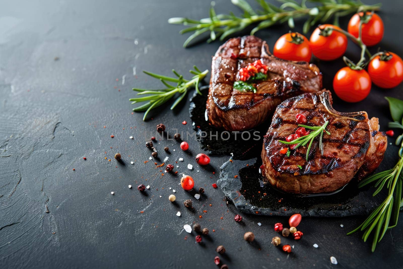 grilled beef steak for valentines day pragma in black background