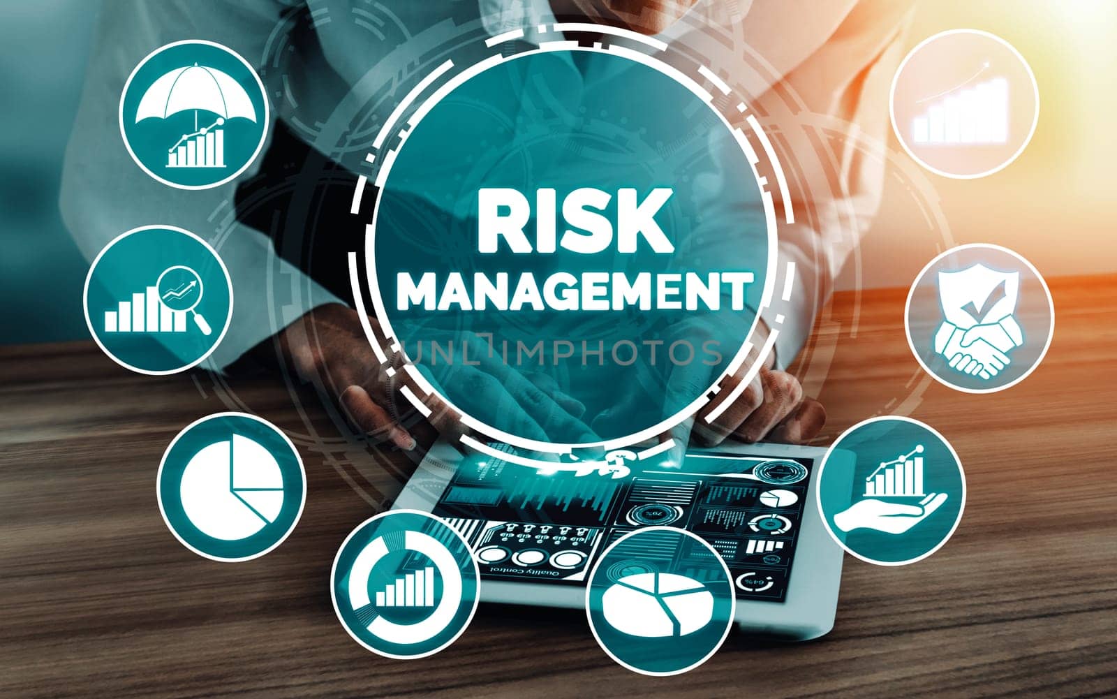 Risk Management and Assessment for Business Investment Concept. Modern interface showing symbols of strategy in risky plan analysis to control unpredictable loss and build financial safety. uds