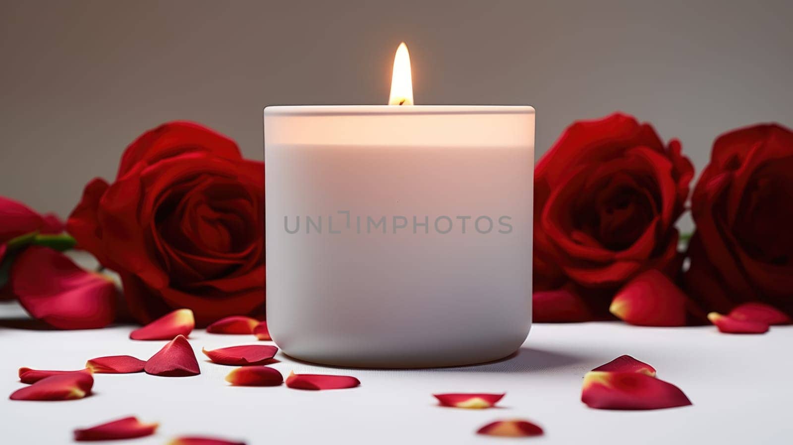 Soy wax aroma candles in jar on table with red roses and flower petals. Candle mockup design. Mockup soy wax candle in natural style