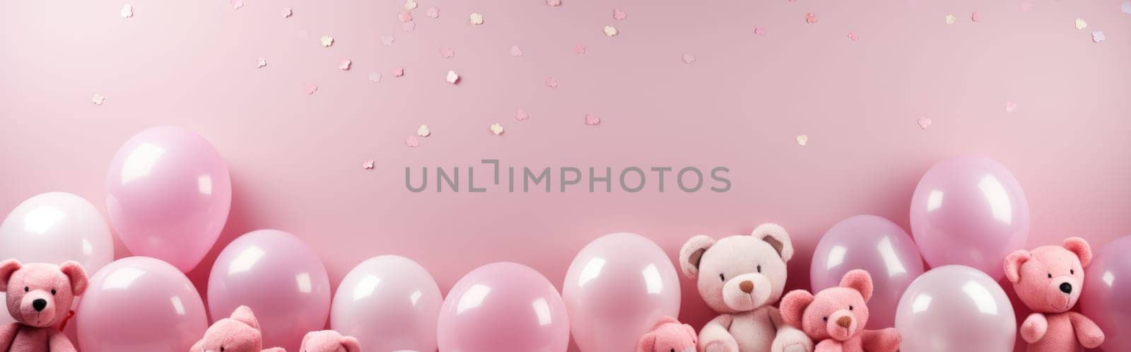 Pink air balloons heart shape on a white background. Concept wedding, valentines day, photo zone, lovers. Banner. Flat lay, top view.