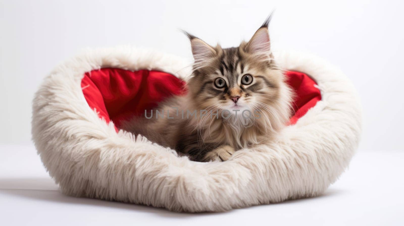 Valentines Day kitten. Small striped kitten playing with red heart on pink looking at camera. Adorable domestic kitty pets concept by JuliaDorian